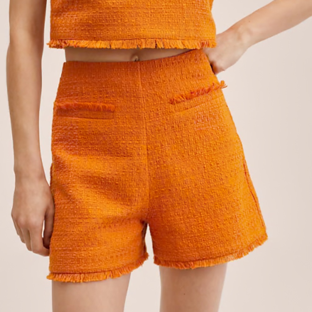 Mango Orange Textured High-Waist Fringe Shorts